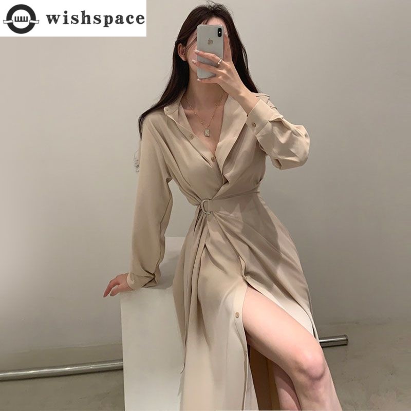 Long Sleeved Lapel Shirt Style - огляд і ціна Korean Style A Line Shirt Dress