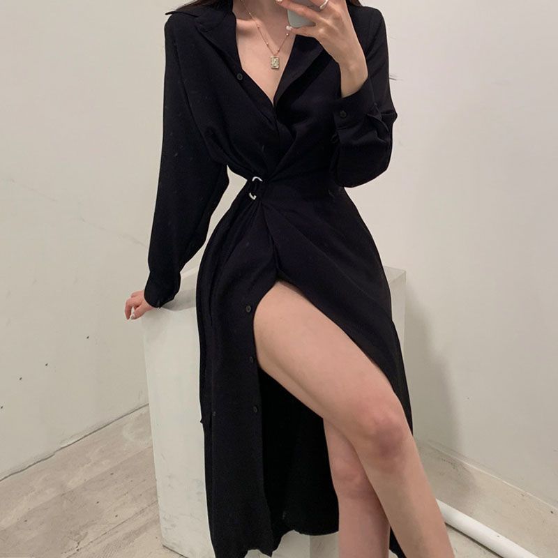 Long Sleeved Lapel Shirt Style - огляд і ціна Korean Style A Line Shirt Dress