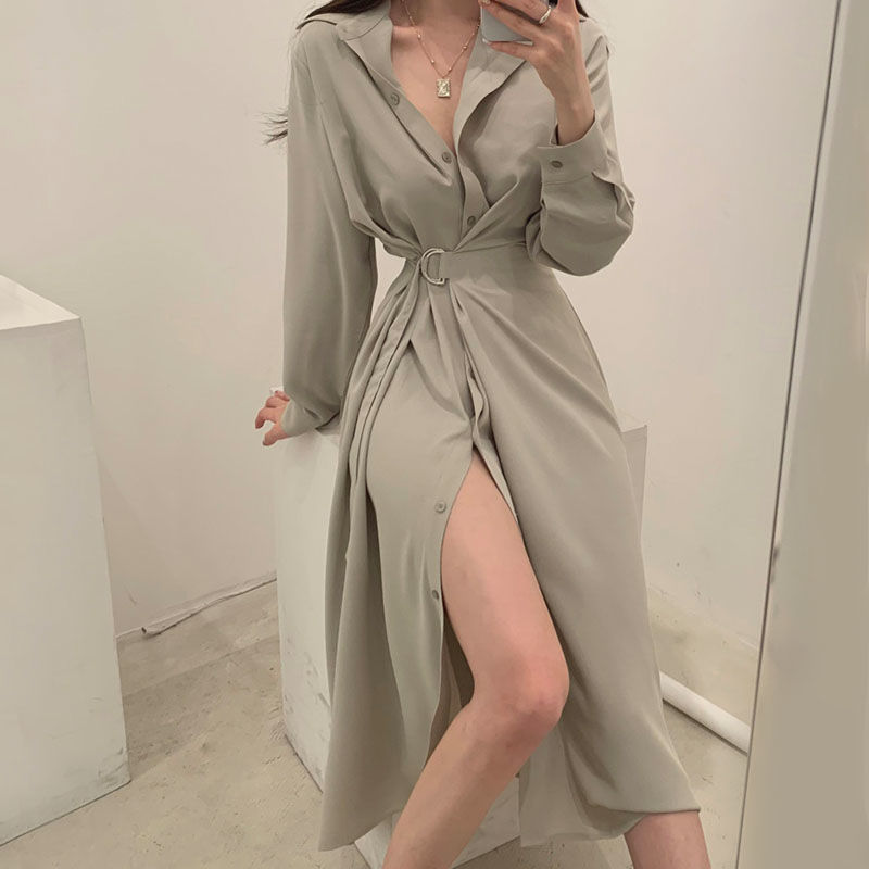 Long Sleeved Lapel Shirt Style - огляд і ціна Korean Style A Line Shirt Dress