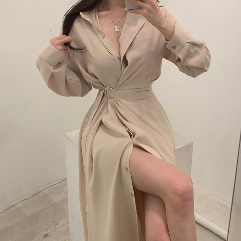 Long Sleeved Lapel Shirt Style - огляд і ціна Korean Style A Line Shirt Dress