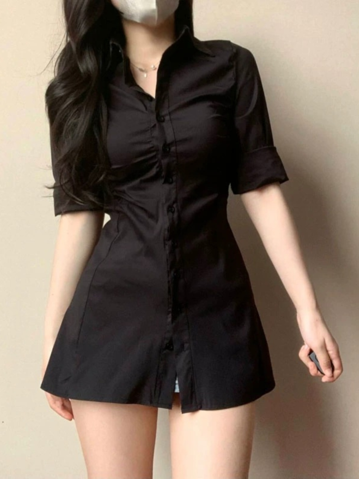 Sexy Pleated Waist-Cinching Sh - огляд і ціна Korean Style A Line Shirt Dress