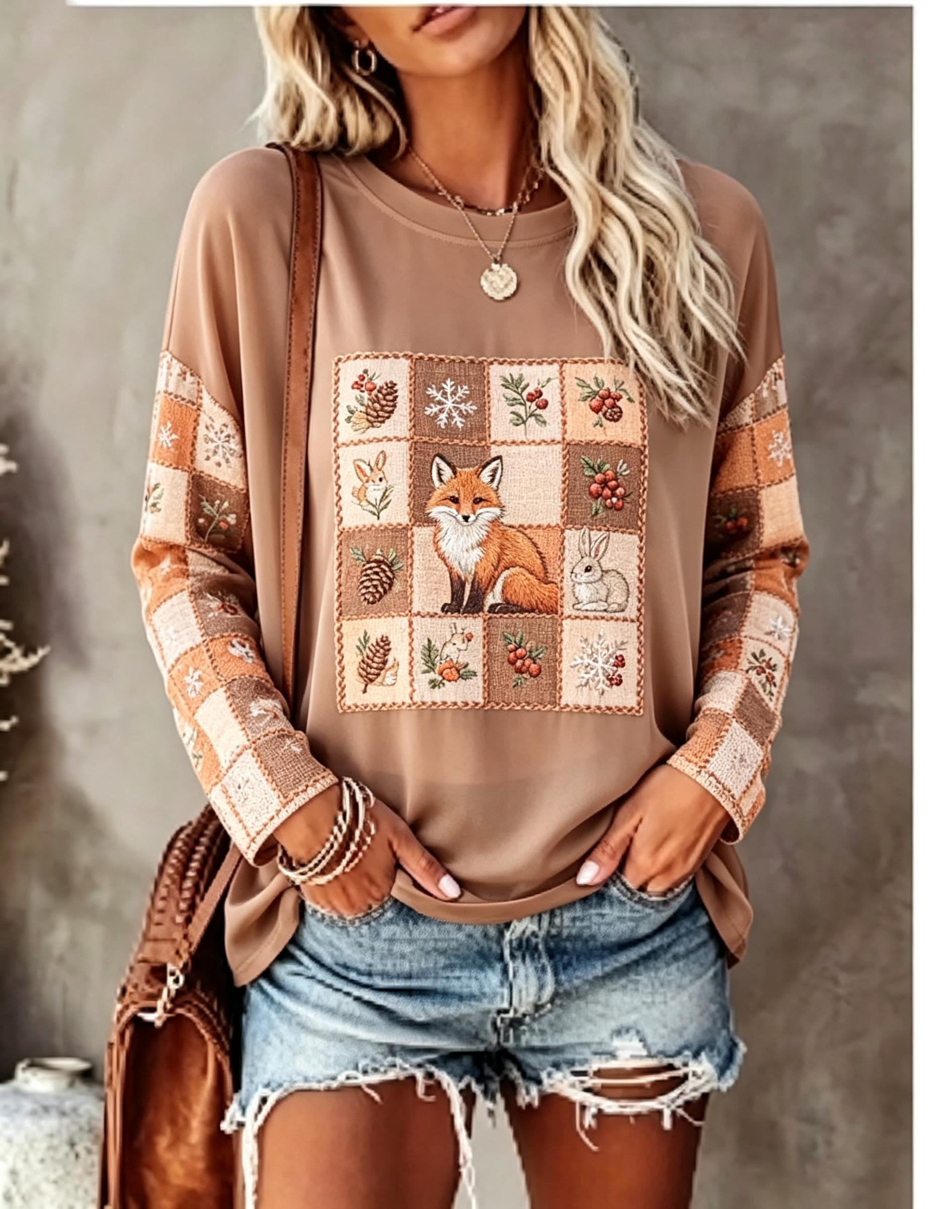 Women Long Sleeve T Shirt Fox  - огляд і ціна Blouses